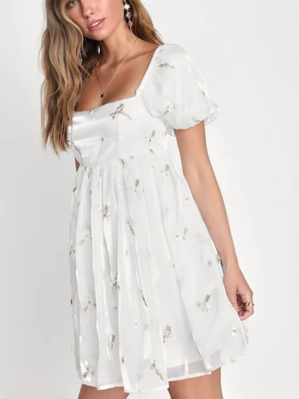 Lulus Floral Devoted Darling White Embroidered Organza Babydoll Mini Dress